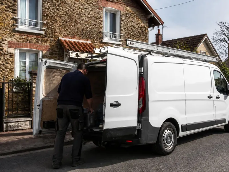 Artisan devant son utilitaire de chantier chargé de matériel, dans une rue pavillonnaire