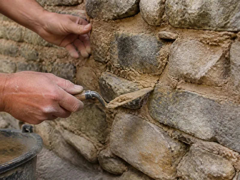 Maçon rejointoyant un mur en pierre meulière avec un mortier de chaux