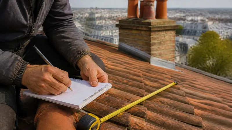 Artisan prenant des mesures sur une toiture, carnet à la main