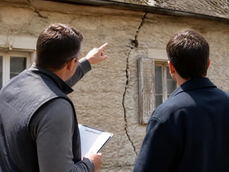Artisan et propriétaire examinant un plan devant une maison ancienne