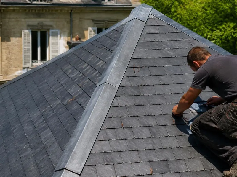 Comble brisé couvert d’ardoise sur une maison de ville, travaux de couverture à Dourdan