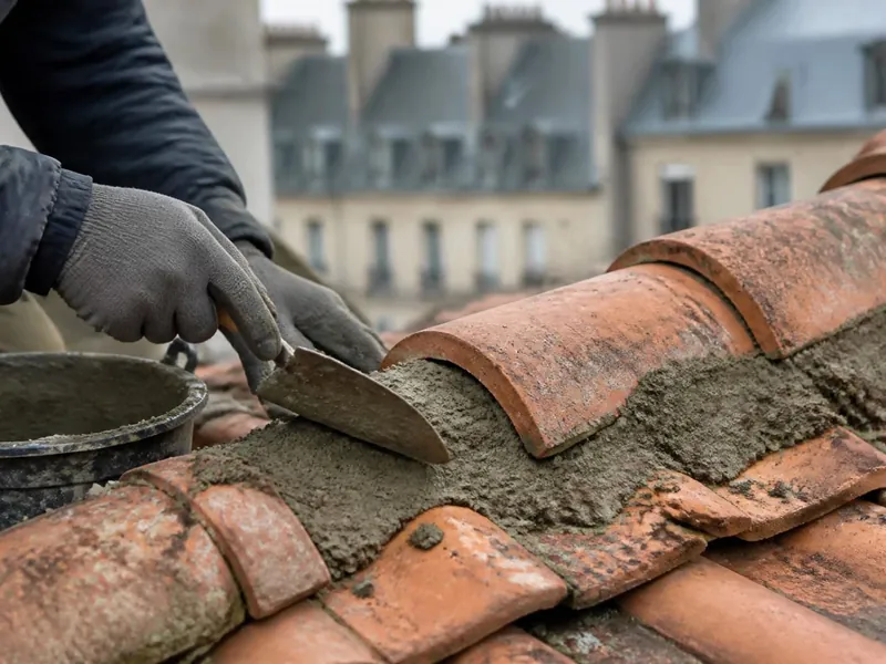Faîtage scellé au mortier sur une vieille maison de la vallée de la Juine à Étampes
