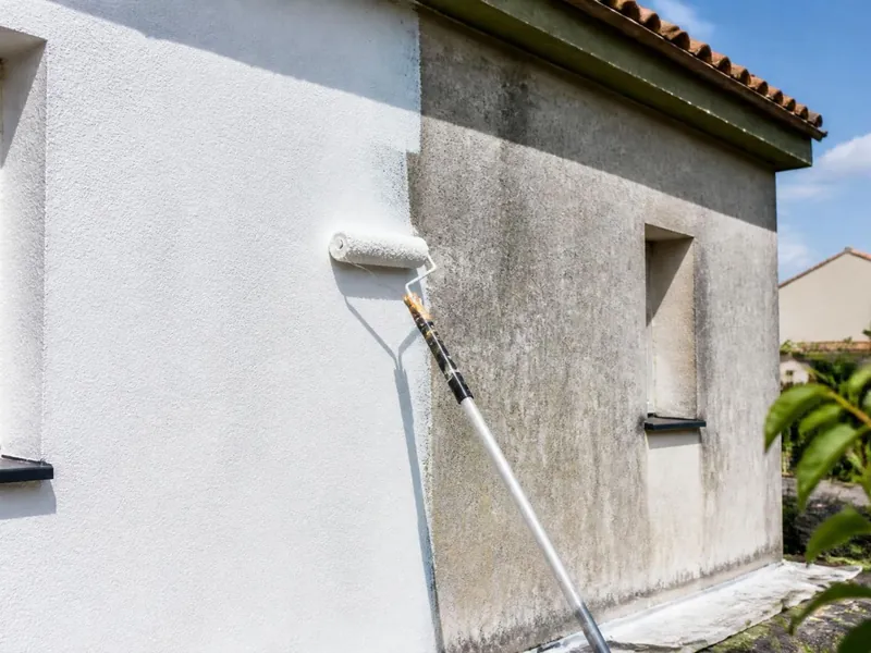 Peintre appliquant une teinte claire sur les bandeaux d’une façade à Dourdan