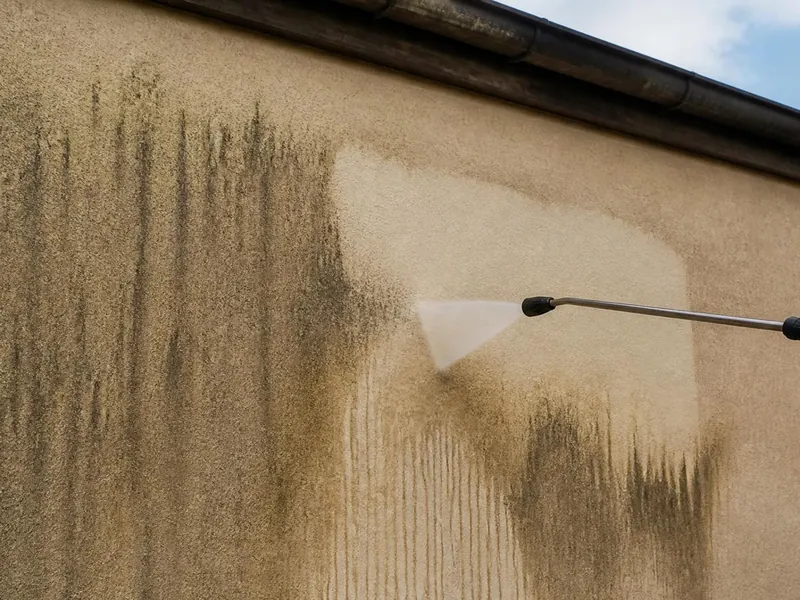 Nettoyage basse pression d’une façade ancienne enduite avant mise en peinture à Arpajon