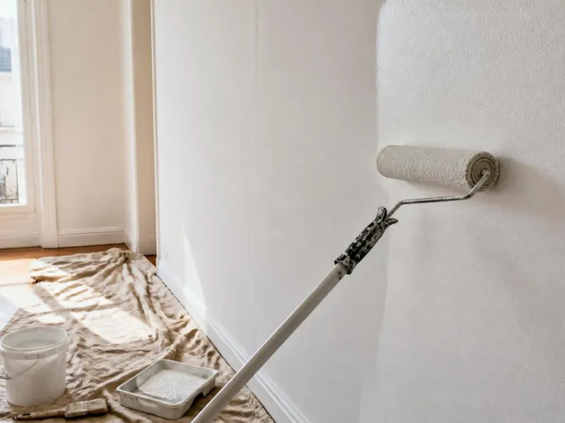 Peinture au rouleau d’un séjour aux murs anciens dans un appartement du centre de Dourdan