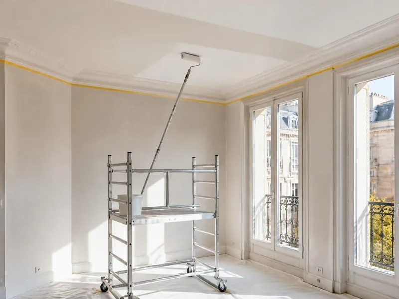 Mise en peinture d’un plafond après ponçage dans une maison d’Arpajon