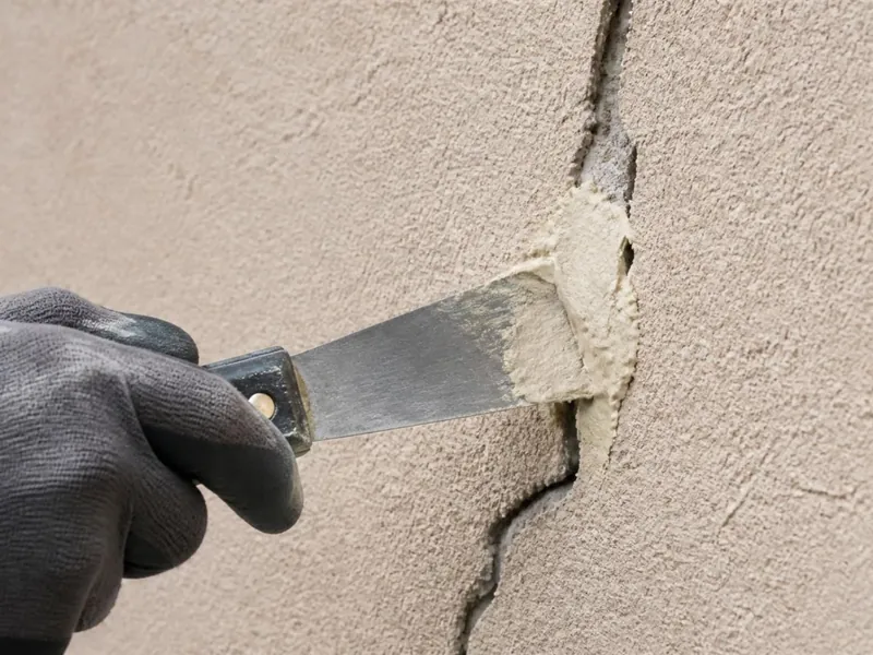 Fissure d’enduit ouverte puis calfeutrée sur une façade ancienne à Dourdan