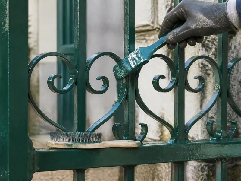 Grille et portail en fer peints d’une teinte sombre devant une maison de faubourg à Dourdan