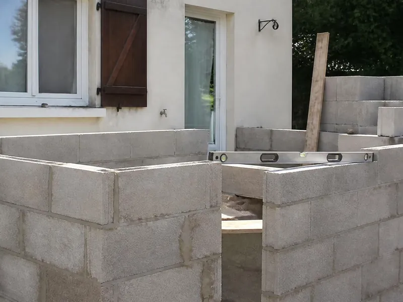 Extension de maison en blocs béton en cours d’élévation dans un quartier pavillonnaire de Dourdan