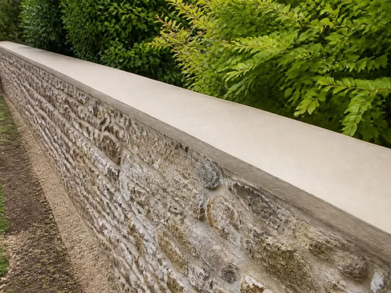 Mur de clôture en pierre avec chaperon et portail le long d’une rue de faubourg à Dourdan