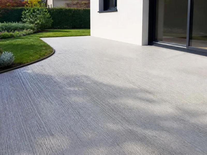 Dallage extérieur et terrasse maçonnée dans un jardin en pente de Saint-Chéron