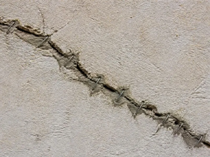 Fissure en escalier sur un mur de maison et agrafage de reprise à Dourdan