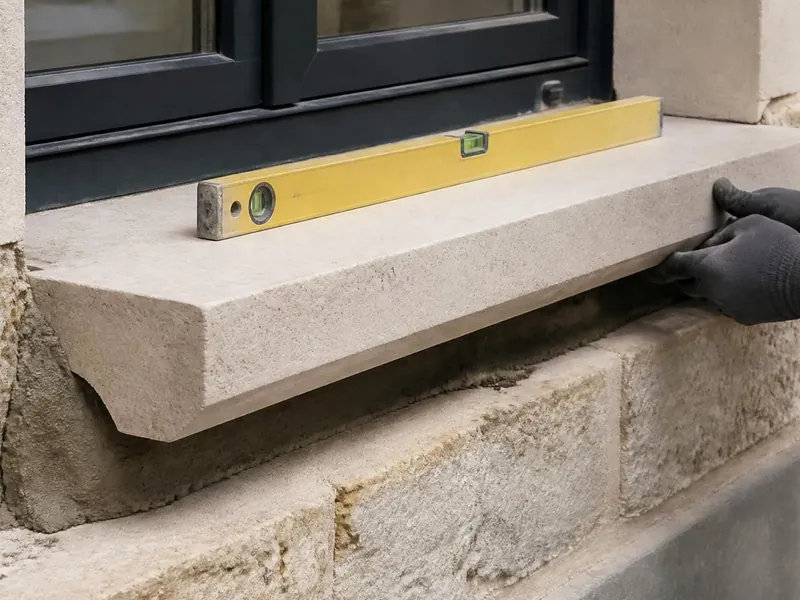 Appui de fenêtre en pierre et seuil de porte réparés sur une maison ancienne de Dourdan